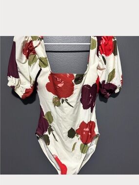 Kate Spade Floral Puff Sleeve Bodysuit in Cream with Red & Olive